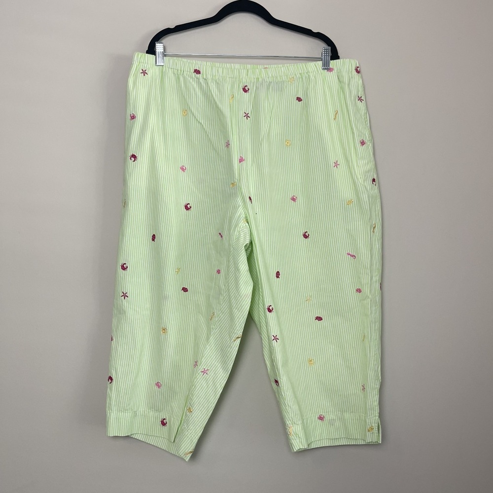 Mountain Lake Seersucker Beach Coastal Embroidered Seashell Crab Crop Pants